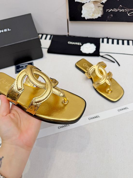 Chanel Logo Decor Leather Slip On Thong Sandals