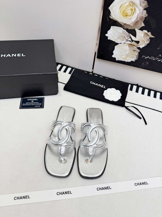 Chanel Logo Decor Leather Slip On Thong Sandals