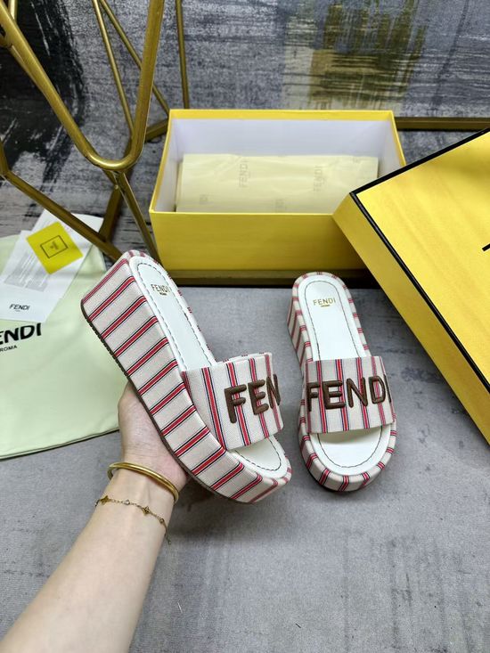 Fendi Wide Strap Thick Sole Canvas Slide Sandals