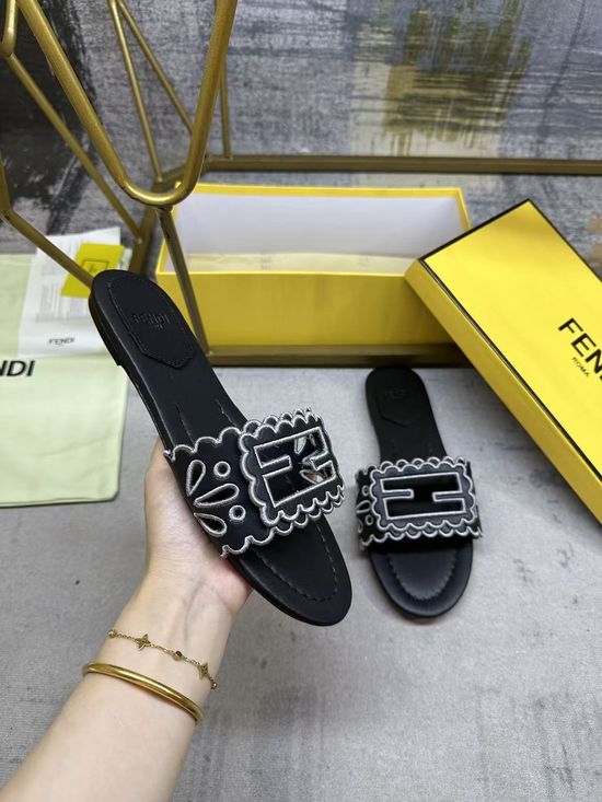 Fendi Wide Strap Hollow Embroidery Flat Slide Sandals