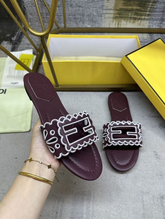 Fendi Wide Strap Hollow Embroidery Flat Slide Sandals