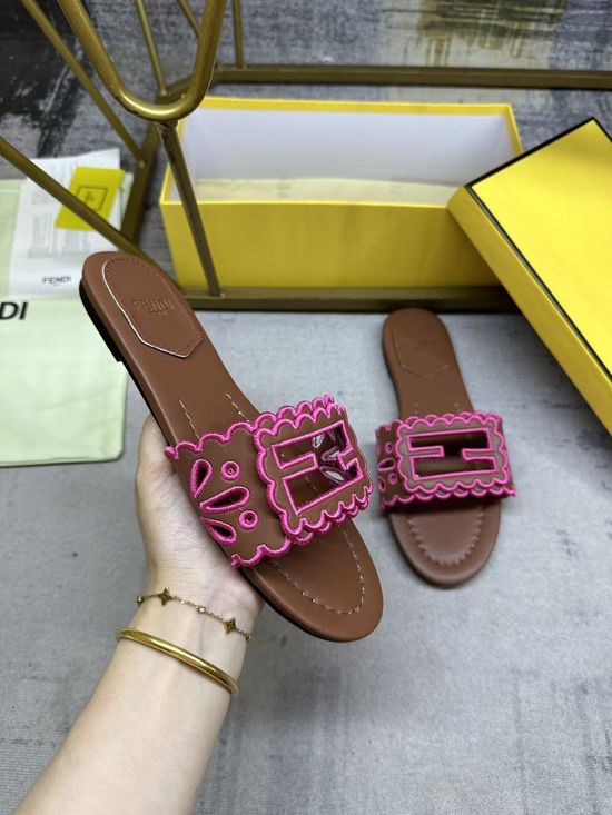 Fendi Wide Strap Hollow Embroidery Flat Slide Sandals