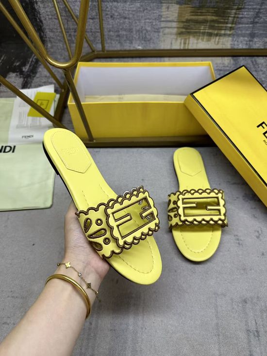 Fendi Wide Strap Hollow Embroidery Flat Slide Sandals