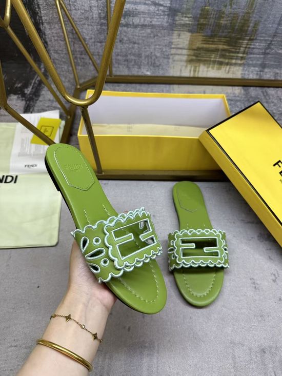 Fendi Wide Strap Hollow Embroidery Flat Slide Sandals