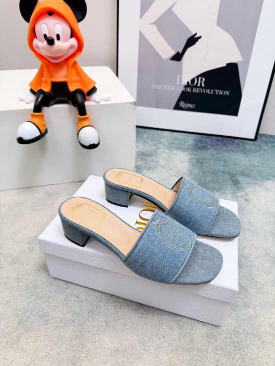 Christian Dior Embroidered Denim Wide Strap Comfort Heeled Slides