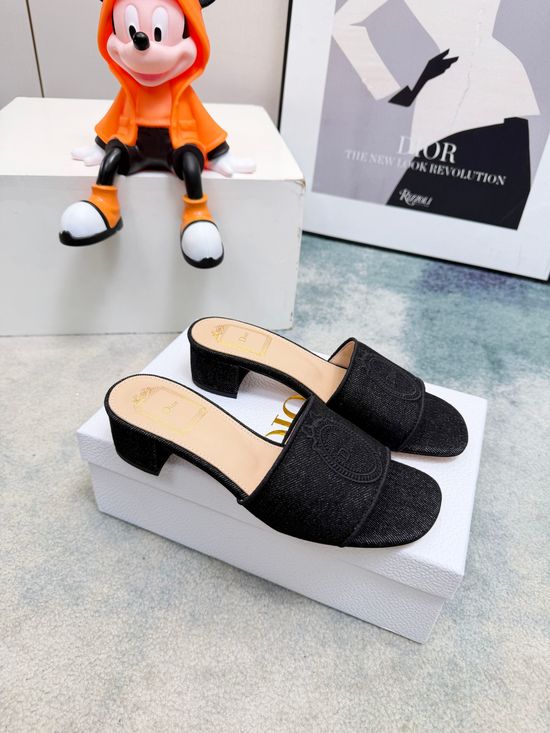 Christian Dior Embroidered Denim Wide Strap Comfort Heeled Slides