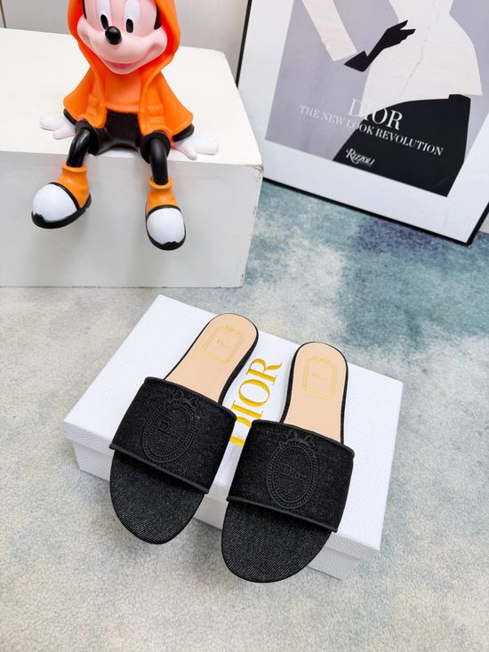 Christian Dior Embossed Denim Slip On Chunky Heel Casual Sandals