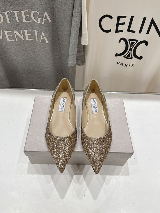 Jimmy Choo Glitter Pointed Toe Flats Comfortable Versatile Daily Shoes