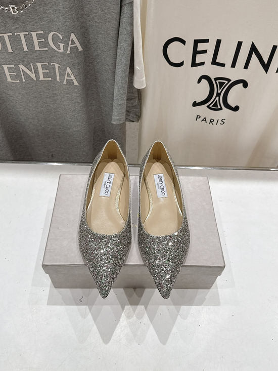 Jimmy Choo Glitter Pointed Toe Flats Comfortable Versatile Daily Shoes