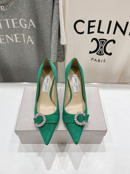 Jimmy Choo Pointed Toe Block Heel Pumps Suede Leather Lining