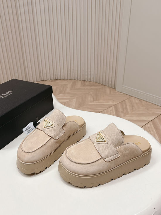Prada Closed Toe Platform Slip On Sandals With Buckle