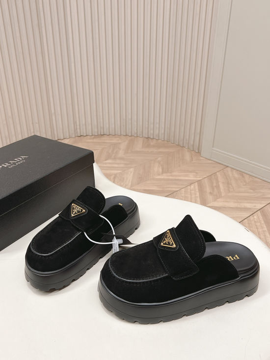 Prada Closed Toe Platform Slip On Sandals With Buckle