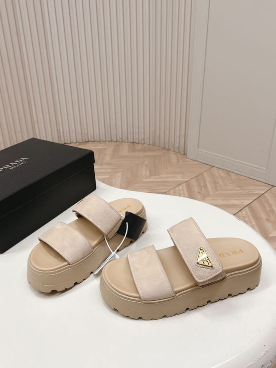 Prada Rhinestone Decor Adjustable Hook-loop Platform Slides