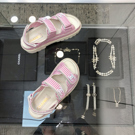 Chanel Striped Magic Tape Platform Sandals Soft Comfortable Sole