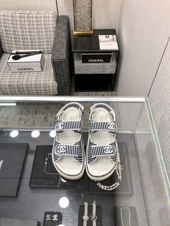 Chanel Striped Magic Tape Platform Sandals Soft Comfortable Sole