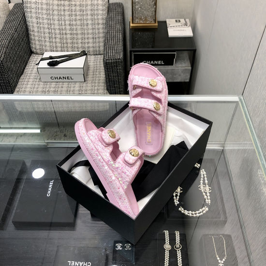 Chanel Tweed Fabric Hook And Loop Sandals