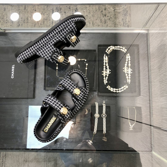 Chanel Tweed Fabric Hook And Loop Sandals