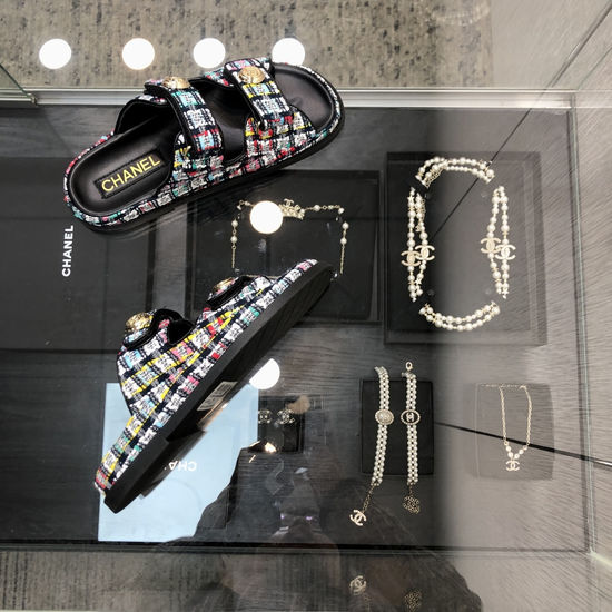 Chanel Tweed Fabric Hook And Loop Sandals