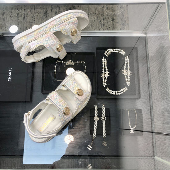 Chanel Tweed Fabric Hook And Loop Sandals