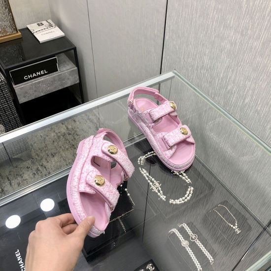 Chanel Tweed Fabric Hook And Loop Sandals