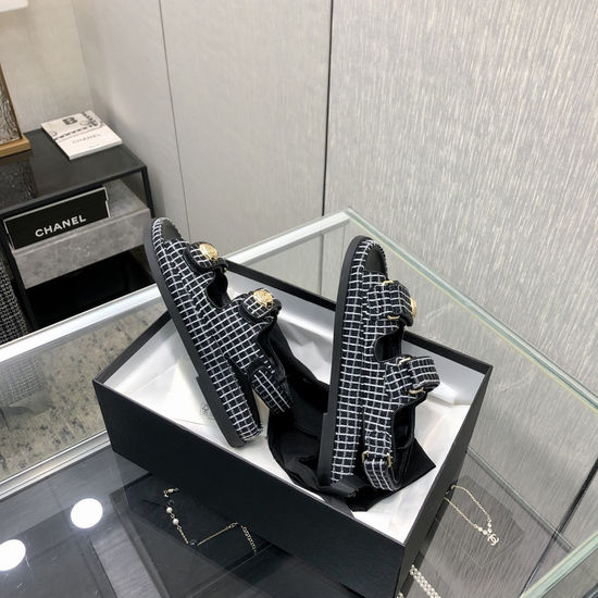 Chanel Tweed Fabric Hook And Loop Sandals