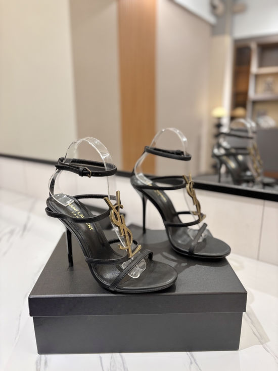 Yves Saint Laurent Letter Buckle Patent Leather Stiletto Heel Sandals
