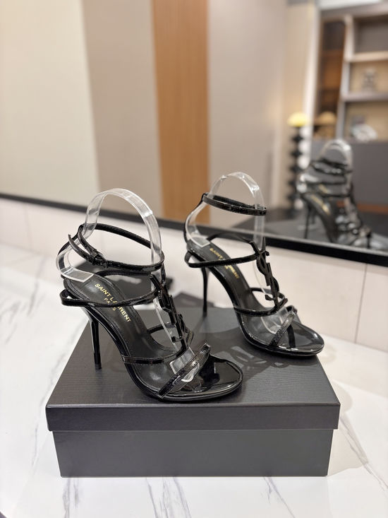 Yves Saint Laurent Letter Buckle Patent Leather Stiletto Heel Sandals