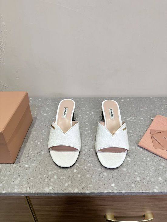 Miu Miu Elegant Rhinestone Block Heel Slides Soft Leather Comfortable Sandals