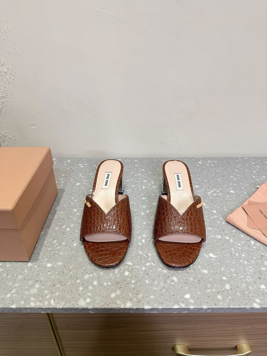 Miu Miu Elegant Rhinestone Block Heel Slides Soft Leather Comfortable Sandals