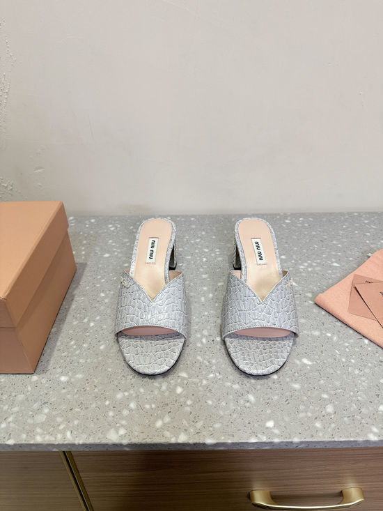 Miu Miu Elegant Rhinestone Block Heel Slides Soft Leather Comfortable Sandals