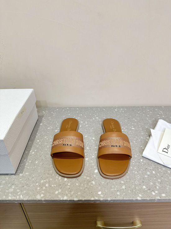 Christian Dior Genuine Leather Open Toe Flat Sandals Adjustable Strap