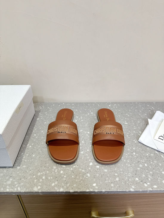 Christian Dior Genuine Leather Open Toe Flat Sandals Adjustable Strap