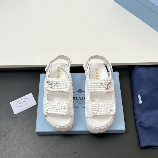 Prada Handwoven Platform Slide Sandals with Metal Accent