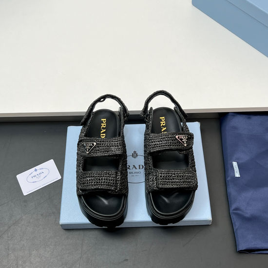 Prada Handwoven Platform Slide Sandals with Metal Accent