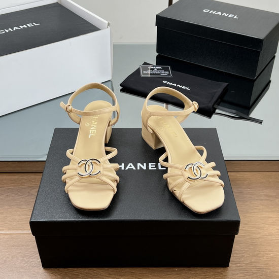 Chanel Rhinestone Buckle Mid Heel Leather Sandals
