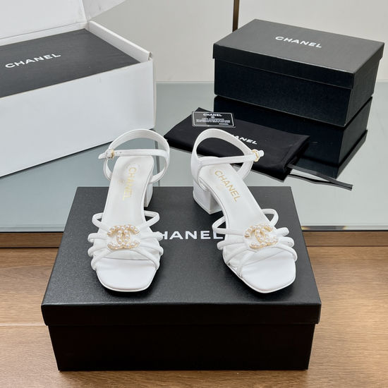 Chanel Rhinestone Buckle Mid Heel Leather Sandals