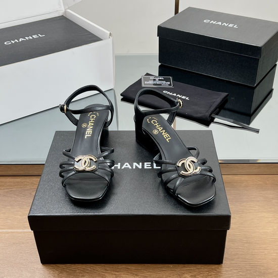 Chanel Rhinestone Buckle Mid Heel Leather Sandals
