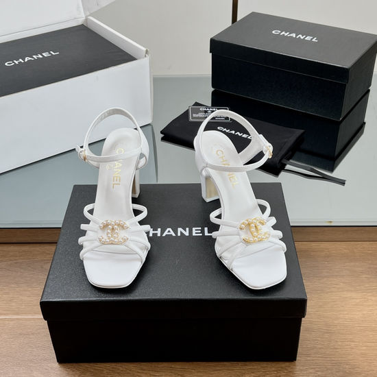 Chanel Rhinestone Buckle High Heel Leather Sandals