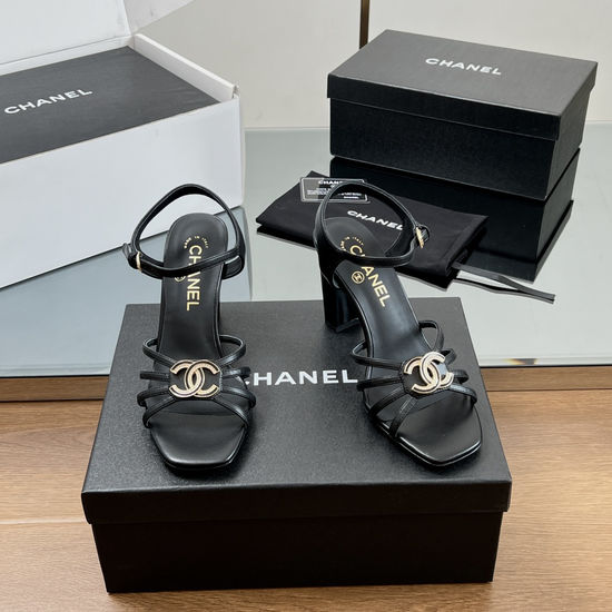 Chanel Rhinestone Buckle High Heel Leather Sandals