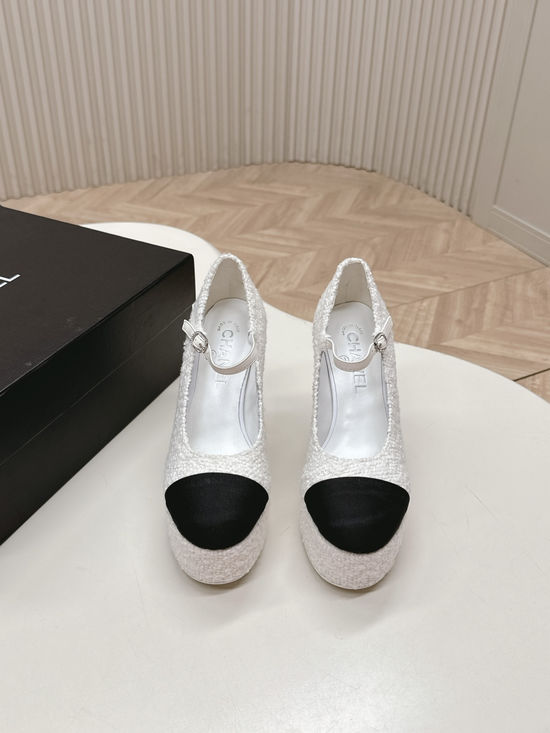 Chanel Textured Fabric Platform High Heels Soft Lining Sole Leather