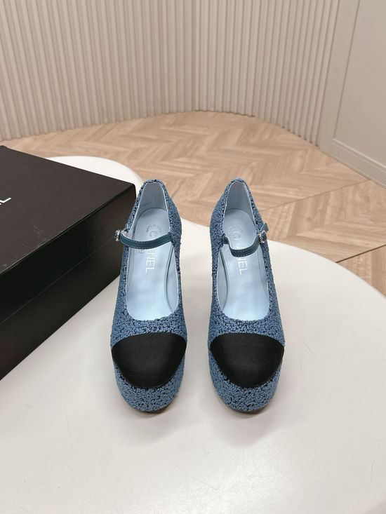 Chanel Textured Fabric Platform High Heels Soft Lining Sole Leather