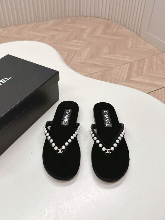 Chanel Rhinestone Pearl Thong Slides Soft Inner Sole Premium Leather