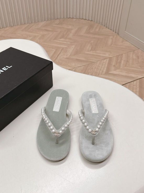 Chanel Rhinestone Pearl Thong Slides Soft Inner Sole Premium Leather