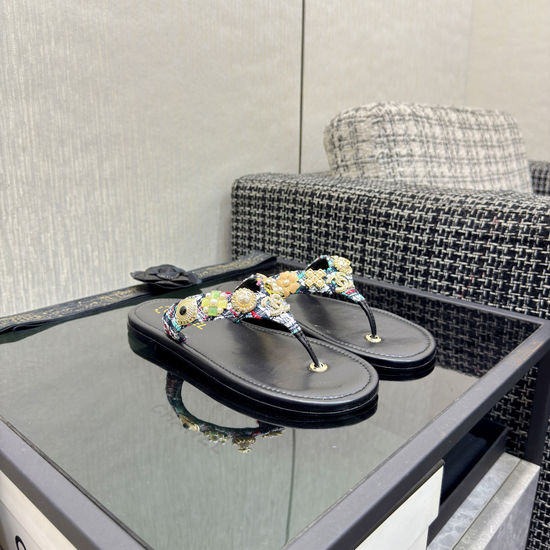 Chanel Premium Fabric Upper Flip Flops with Leather Sole