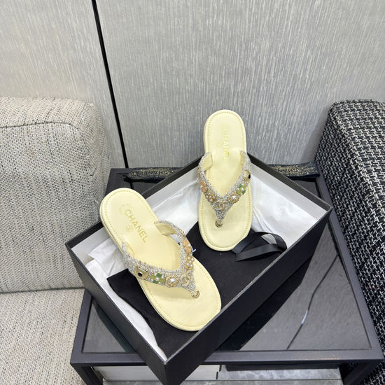 Chanel Premium Fabric Upper Flip Flops with Leather Sole
