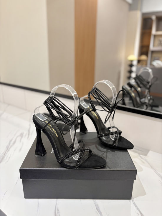 Yves Saint Laurent Rhinestone Strap High Heel Sandals Premium Leather Sole
