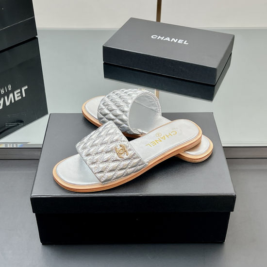 Chanel Elegant Embroidered Slippers with Metal Logo Accents