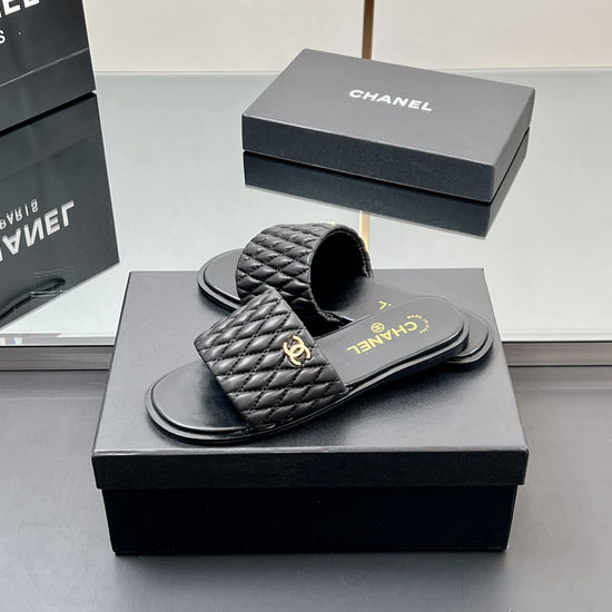 Chanel Elegant Embroidered Slippers with Metal Logo Accents