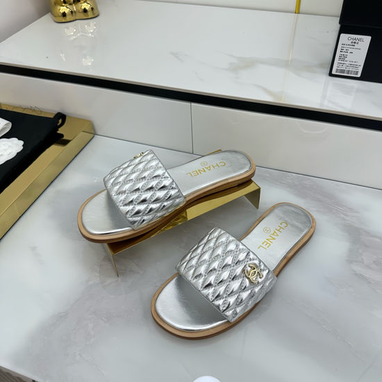 Chanel Quilted Embroidered Casual Slides Leather Upper