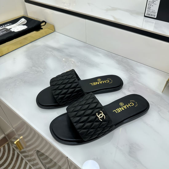 Chanel Quilted Embroidered Casual Slides Leather Upper